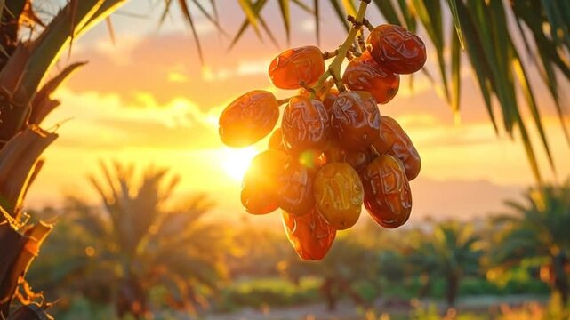 Close-up of a bunch of dates hanging from a palm tree with a beautiful sunset background.