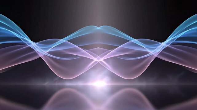 Ethereal Gradient Energy Flow Concept, a semi-abstract scene where translucent layered light bands overlap and ripple through a dark-to-light gradient environment, cool blue and muted rose tones