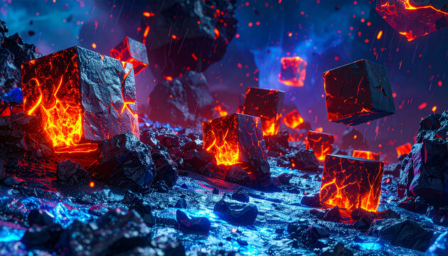 cubi di magma dalle tonalit&agrave; di rosso, che galleggiano sopra la superficie rocciosa di un pianeta alieno di fantasia, color blu