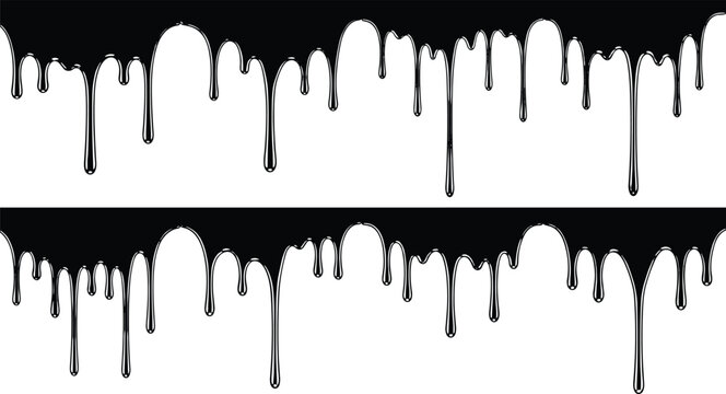 Black dripping liquid borders with paint, ink and slime effect, horror grunge drip elements isolated vector illustration for Halloween design