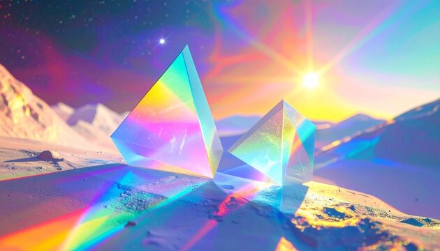 illustrazione 3D di forme geometriche trasparenti e multicolore su una superficie piana, illuminati da una luce brillante, in un ambiente di fantasia