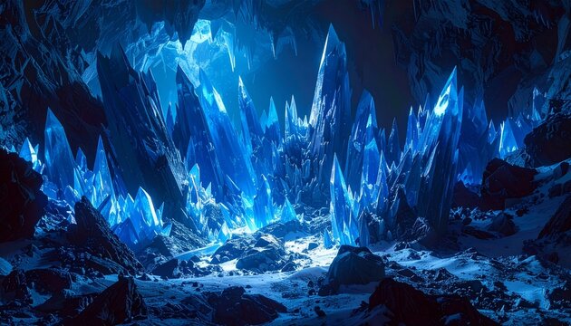 illustrazione di una grotta di roccia e stalagmiti di ghiaccio blu, in un ambiente di fantasia realistico
