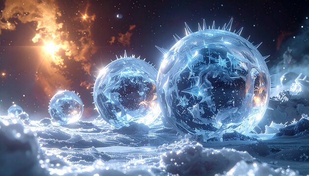 illustrazione 3D di grandi sfere di ghiaccio, con la superficie ricoperta di punte, che fluttuano nell'aria sopra la superficie ghiacciata di un pianeta di fantasia, con spazio arancione sullo sfondo