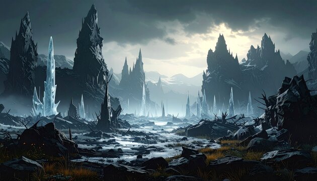 illustrazione 3D con una panoramica su un ambiente naturale di montagna di fantasia oscuro, con cielo nuvoloso e rocce appuntite