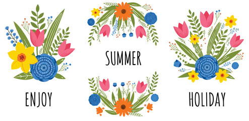 Fototapeta premium Set of hand drawn floral bouquets and wreaths with colorful spring flowers and text for enjoy summer holiday greeting cards posters