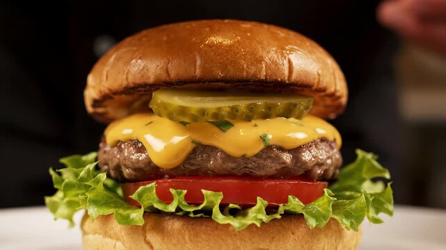 Hamburger Preparation Close-up - A close-up captures a person's hand placing a pickle slice on a cheeseburger.