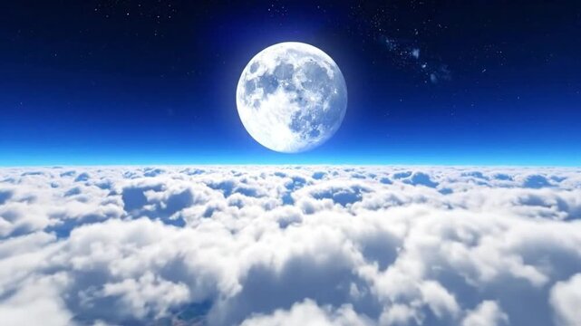 A breathtaking view of the full moon shining brightly above a sea of f clouds in the night sky.
