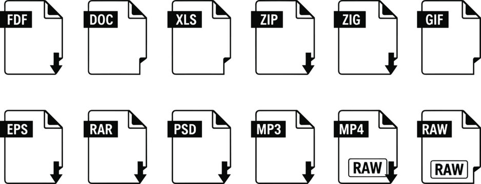 File format document icons set including DOC, XLS, ZIP, GIF, MP3, MP4, PSD and RAW, digital file type symbols for interface design