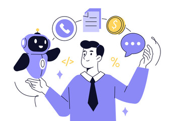 Character using agentic ai tool to increase productivity. Intelligent automation concept. Vector illustration.