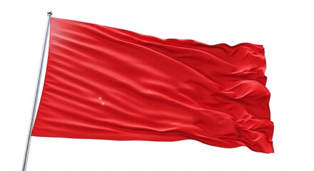 Obraz premium Vibrant red flag waving in the wind against a pure white background, creating a sense of movement and freedom