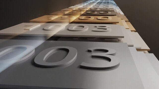 Abstract Passage of History Visualization inspired by a timeline, layered translucent planes receding into perspective with engraved year markers fading gradually into the distance, warm sepia tones