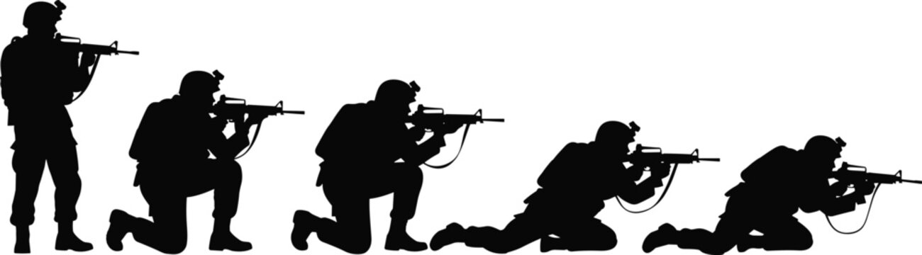 Military soldier silhouettes aiming rifle in different combat positions, tactical army shooting poses collection for defense, warfare, training and security vector