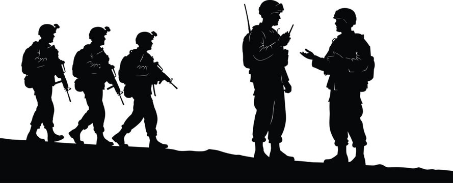 Military soldiers patrol and communication silhouette, armed forces team with rifles and radio discussing strategy on battlefield, army defense concept
