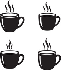 Obraz premium Four steaming cups of coffee in silhouette style