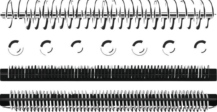 Notebook spiral binding set, metal coil rings and wire binding elements, realistic stationery details for sketchbook, diary and planner design illustration