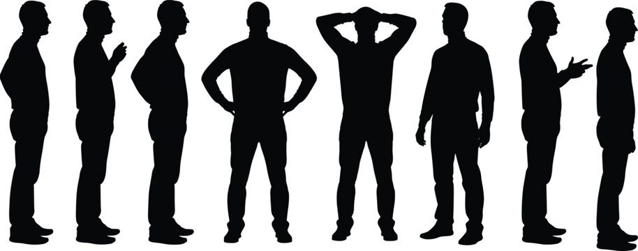 group, male, silhouettes,n, body, l male, silhouettes, standing, different, poses, side, view, isolated, men, people, black, shadow, collection, human, , communication, discussion, body, language