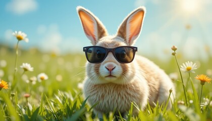 Cute Rabbit Wearing Sunglasses Relaxing in a Sunny Flower-Filled Meadow During Daytime