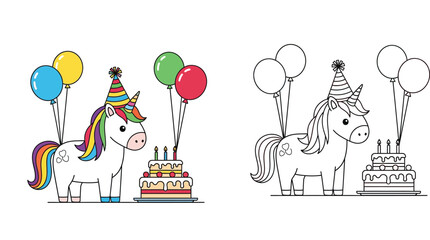 Cute cartoon unicorn birthday party illustration with balloons and cake, featuring both full color and black and white outline versions for kids coloring book. © SHOHAG