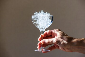 A hand holds a cocktail glass filled with ice crystals. It&rsquo;s a studio shot, likely a bar or event setting.