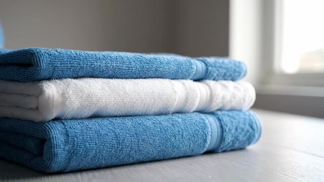 Neatly Stacked Blue and White Towels - A close-up shot of three neatly folded towels, two blue and one white, stacked on a light-colored surface.