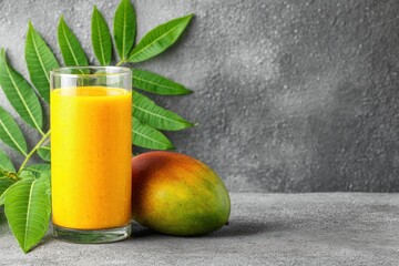 Glass of fresh mango smoothie with whole mango and green leaves on gray stone background.