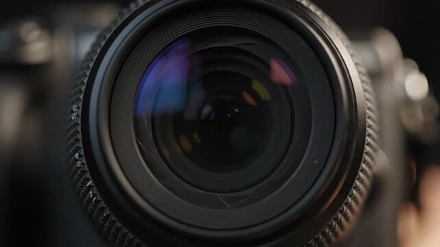 Camera Lens Aperture Macro - A macro shot showcases the aperture of a camera lens. The video highlights the intricate mechanics and reflective glass elements.