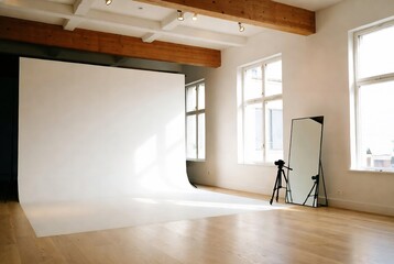 A photography studio with a white backdrop, lights, and equipment.