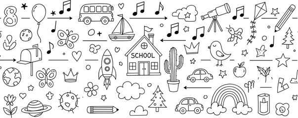 Hand drawn school doodle vector set featuring education icons, bus, rocket, telescope, musical notes, rainbow, butterfly, and cute childhood learning elements. © MDGOLAP
