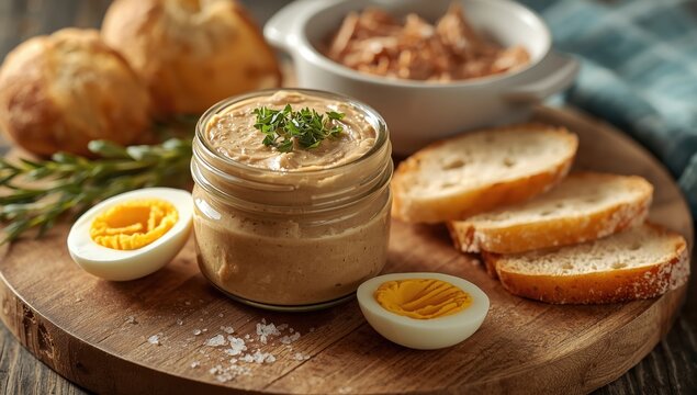Tuna spread with egg, cheese in a jar, and crunchy bread. Fish p&acirc;t&eacute;, nutritious snack, diet option
