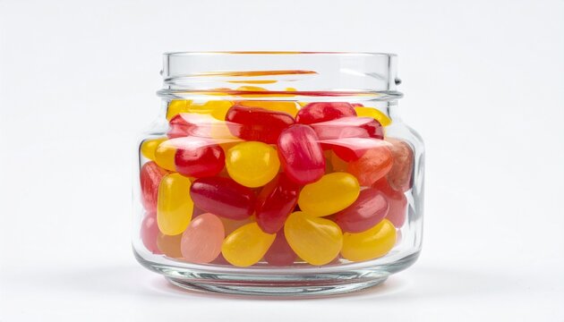 realistic photo of glass jar filled with colorful candies
isolated on pure white background, bright colors, studio lighting, 8k