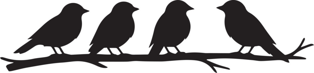 Four black silhouette birds perched on a branch in a minimalist style design Vector © MSTJESMIN