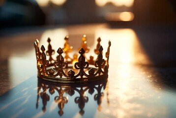 A golden crown rests on a reflective surface, suggesting royalty and power.