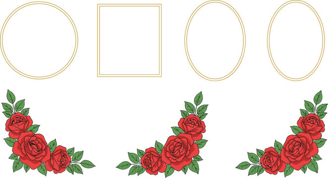 Cartoon golden geometric frames with red rose floral corner arrangements symbolizing decoration, invitation, and design layout