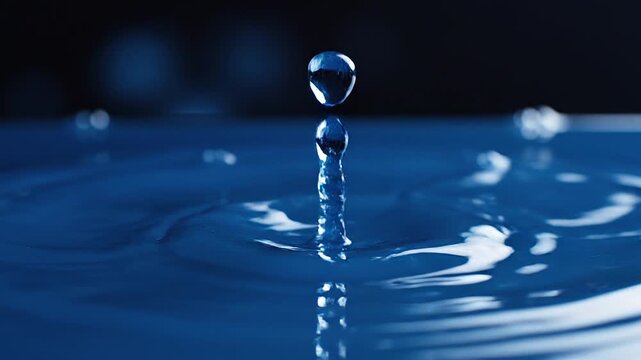 vista macro di una goccia che cade al rallentatore su una superficie liscia e piana di un liquido blu creando delle onde circolari e degli schizzi
