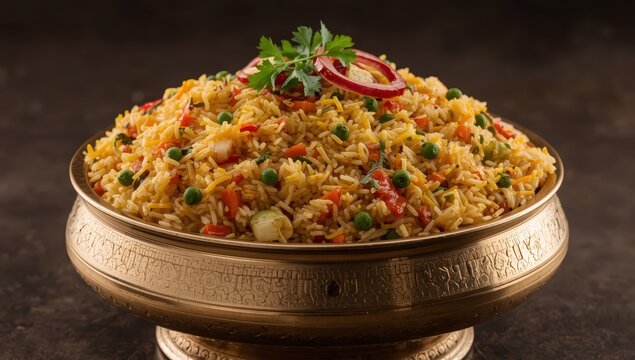 Veg biryani or veg pulav served in a round brass bowl, selective focus