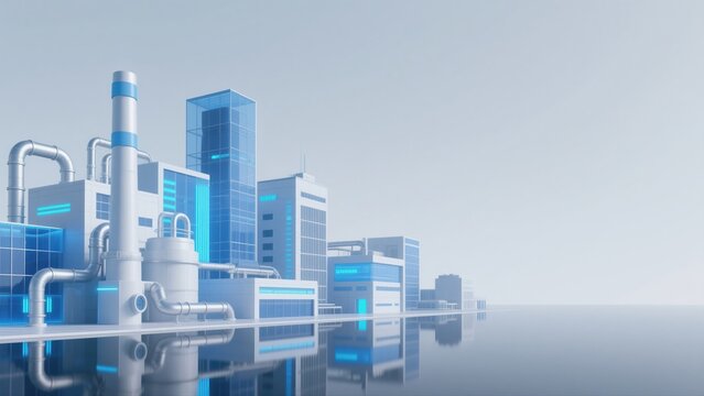 Modern industrial complex with futuristic buildings and reflective surface