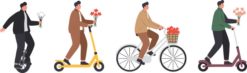 Cartoon people riding unicycle, bicycle, and scooters carrying flowers symbolizing eco‑friendly transport and romantic gesture design © Creative design