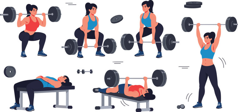 Strong woman weightlifting workout set with barbell squat deadlift bench press and overhead lift fitness training vector illustration