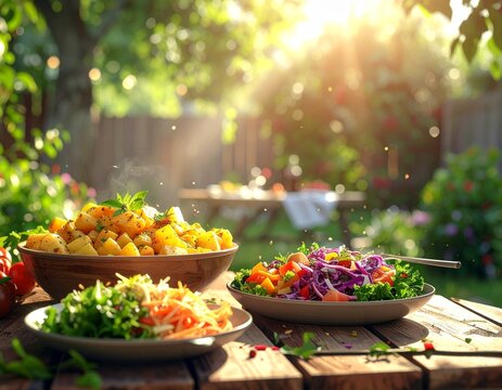 Salate f&uuml;r Grillparty auf rustikalem Tisch