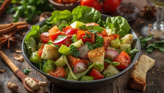 Vibrant vegetable salad with pita, Fattush from Middle Eastern cuisine