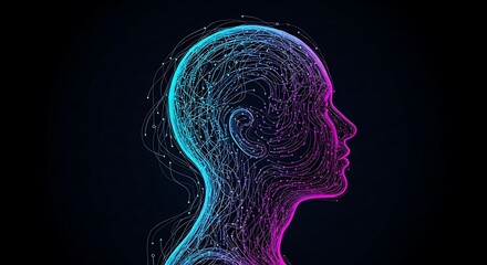 Obraz premium Digital human head profile with glowing neural network lines in blue and pink on black background
