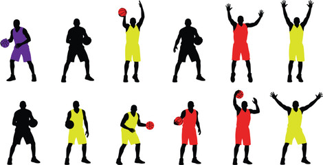Set of basketball player silhouettes in various action poses including dribbling shooting and defending for sports design vector. © Creative design