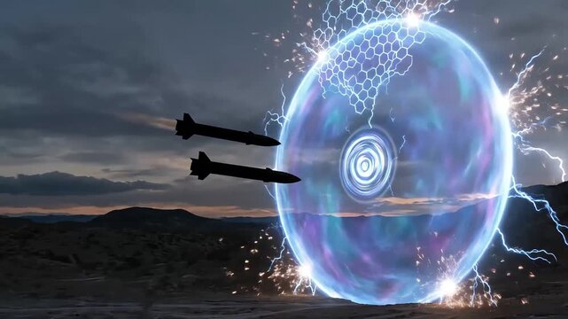 Missiles Approaching Futuristic Energy Shield in Desert Sunset Landscape