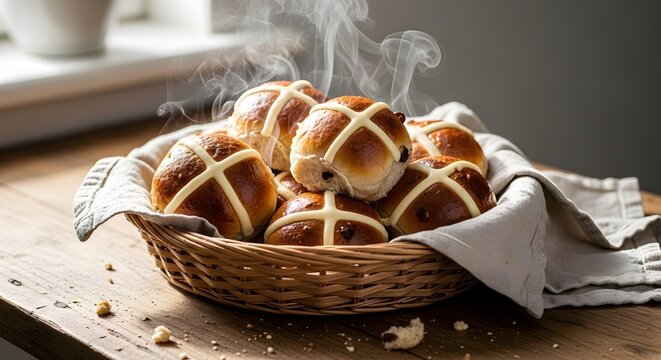Steaming hot cross buns in a basket, freshly baked and ready to eat