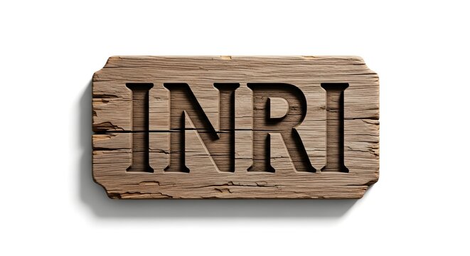 An artistic wooden board carved with the letters INRI, standing out in striking detail