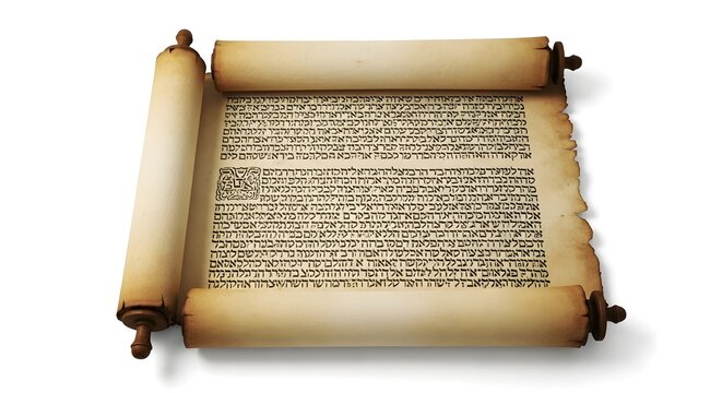 An ancient scroll with detailed text, rolled open for display. The parchment has aged beautifully, bearing the marks of time and history. The text is clear and readable.