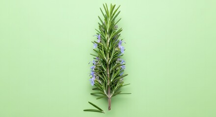 Fototapeta premium A sprig of rosemary against a light green background, highlighting the aromatic herb's details. The image has a clean, minimalist style