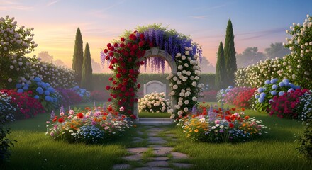 Fototapeta premium A beautiful garden with a flower arch in the foreground, with colorful flowers and trees. The scene is bathed in soft sunlight.