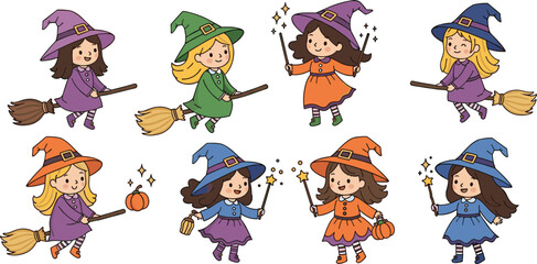 Cute Cartoon Witches in Colorful Hats and Dresses Riding Brooms for Halloween Illustration