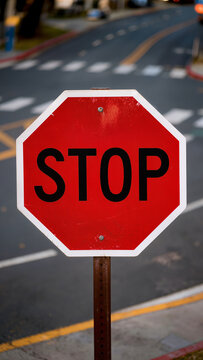 Red STOP road sign at intersection or street close-up. Suitable for banners, traffic safety articles, educational materials, transportation concepts, road rules topics, and website design.
